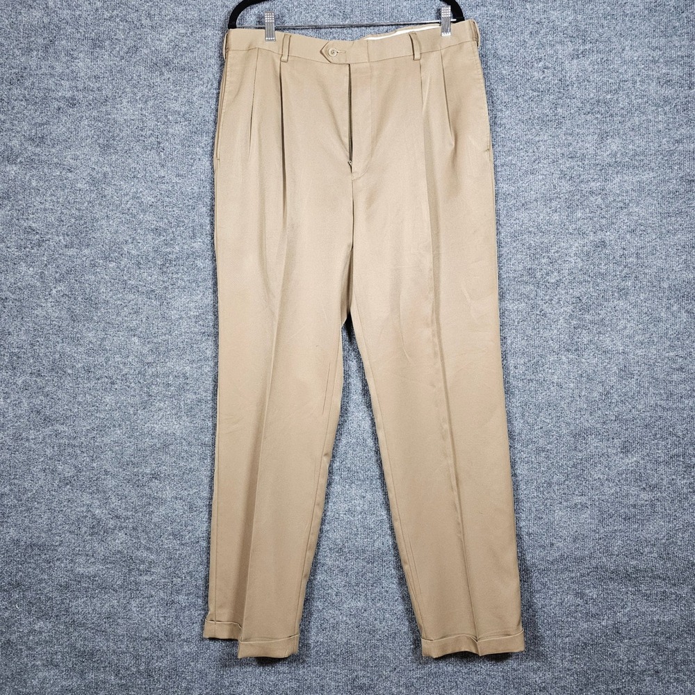 Jos A Bank Leadbetter Golf Pants Mens 36x32 Tan Pleated Cuffed Khaki Trousers - Picture 1 of 13